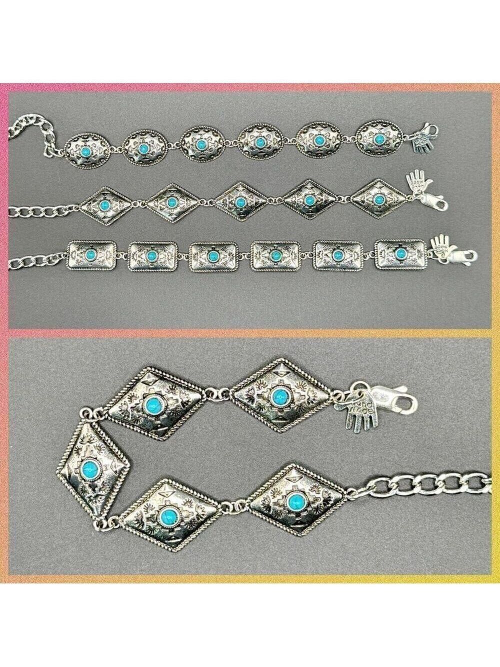 Faux Turquoise and Silver Tone Concho Chain Bracelet #1442